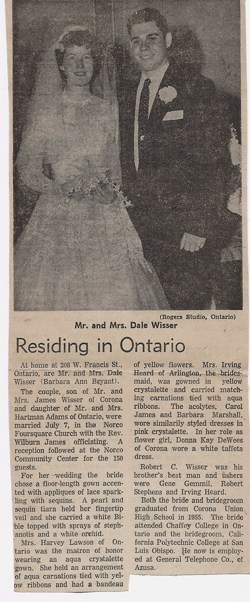 Dale and Barbara Wedding in Newspaper